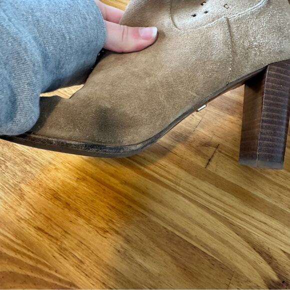 Diane Von Furstenburg DVF Camel Tan Suede Leather Perforated Heeled Boots 8 - Picture 7 of 7
